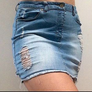Denim Mini Skirt w/ Partial Distress & Raw Hem